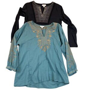 J. Jill Women's Shirts XS Petite Lot of Two Black Long-Sleeve Top With Embroider
